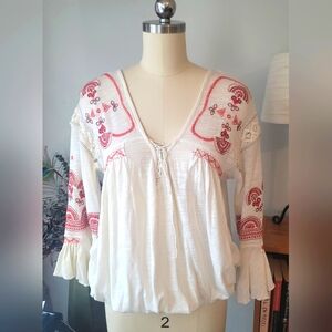 Free People Embroidered Boho Blouse White and Red Size XS